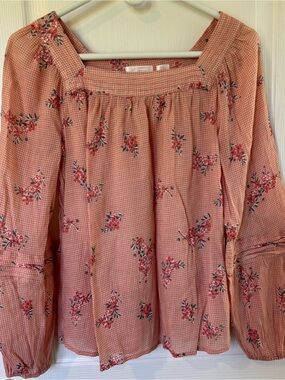 LC Lauren Conrad Dusty Peach Floral Square-Neck Blouse